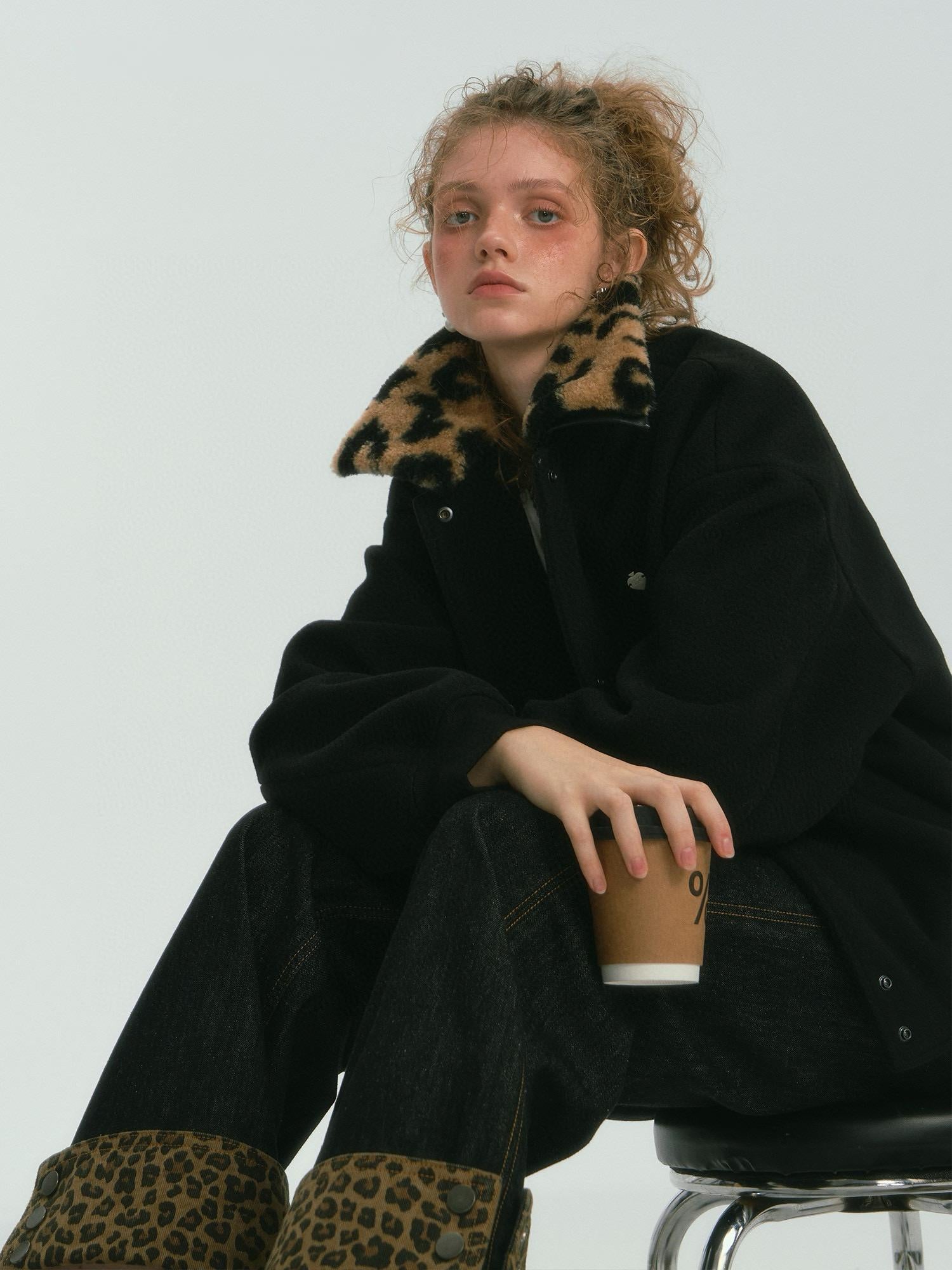 Leopard Faux Fur Collar Black Bomber Jacket