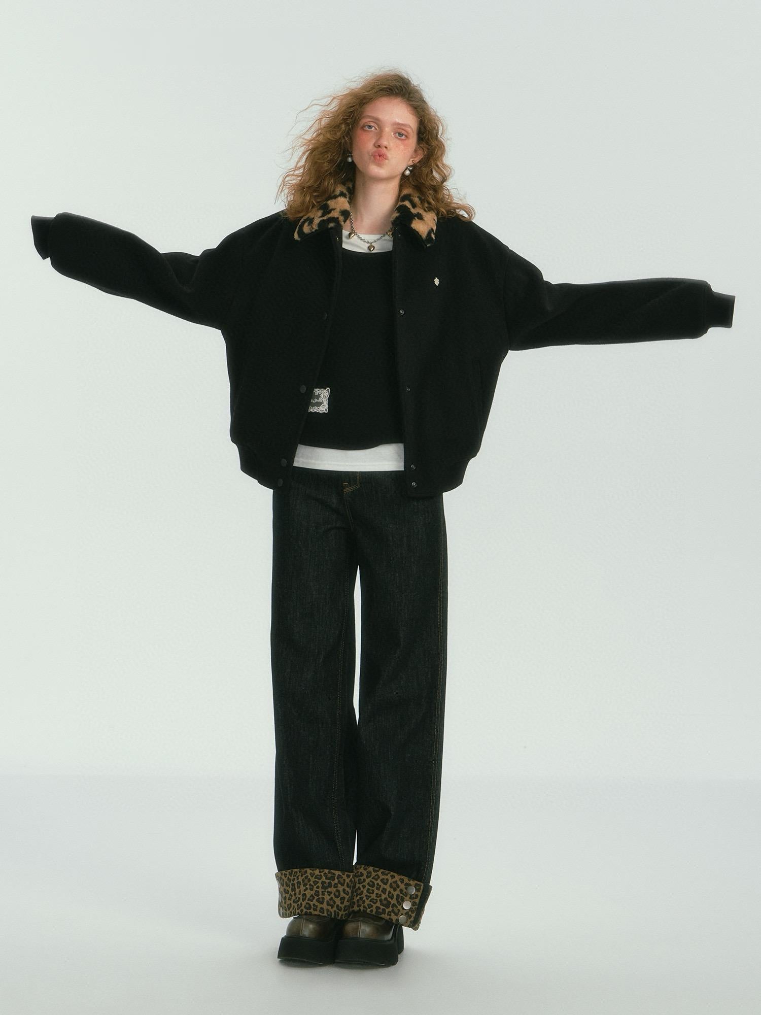 Leopard Faux Fur Collar Black Bomber Jacket