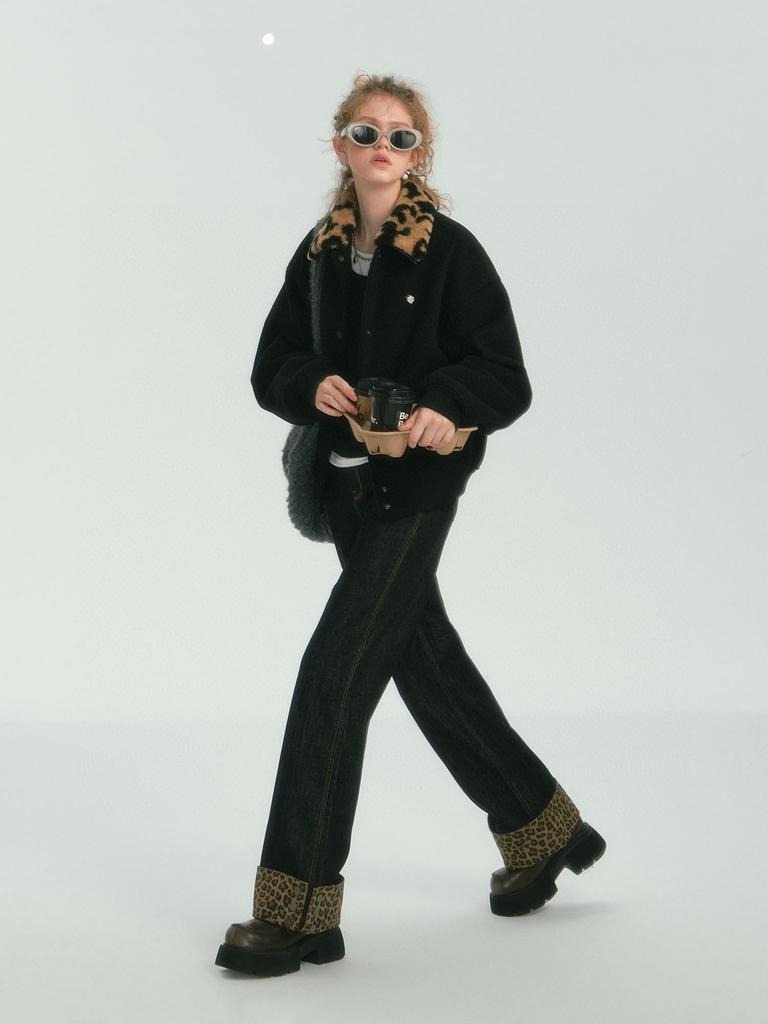 Leopard Faux Fur Collar Black Bomber Jacket