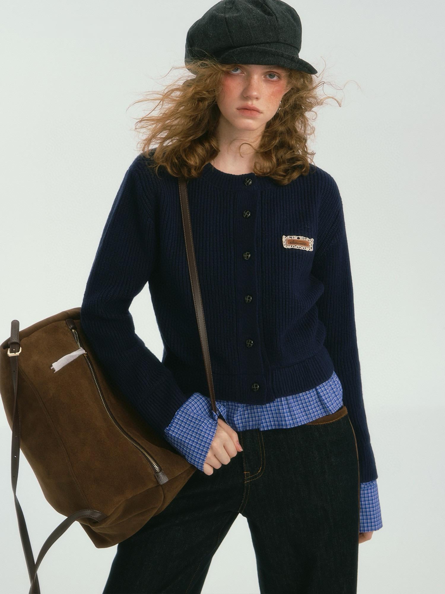 Plaid Trim Buttoned Knitted Cardigan