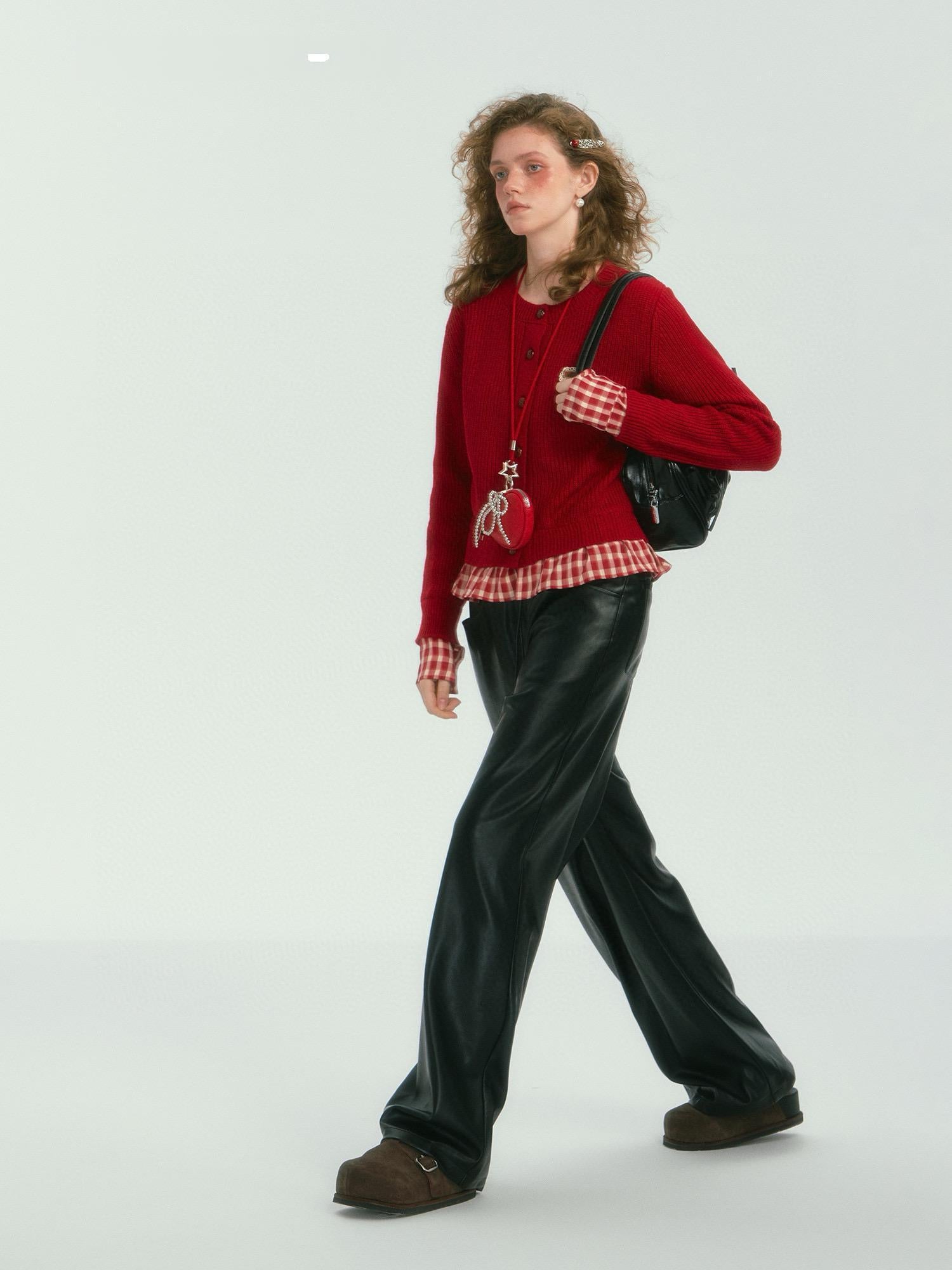 Plaid Trim Buttoned Knitted Cardigan