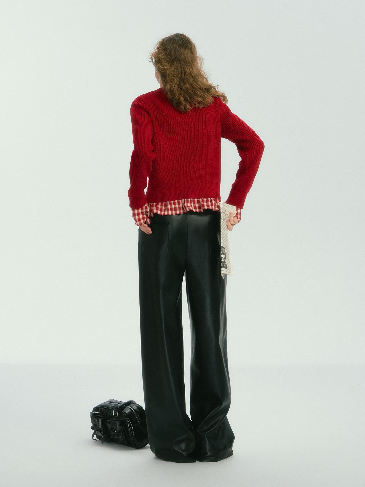 Plaid Trim Buttoned Knitted Cardigan