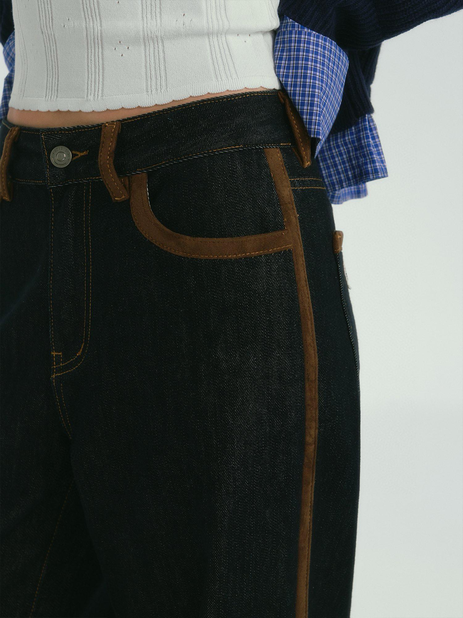 Suede-Trim Casual Wide-Leg Denim Pants