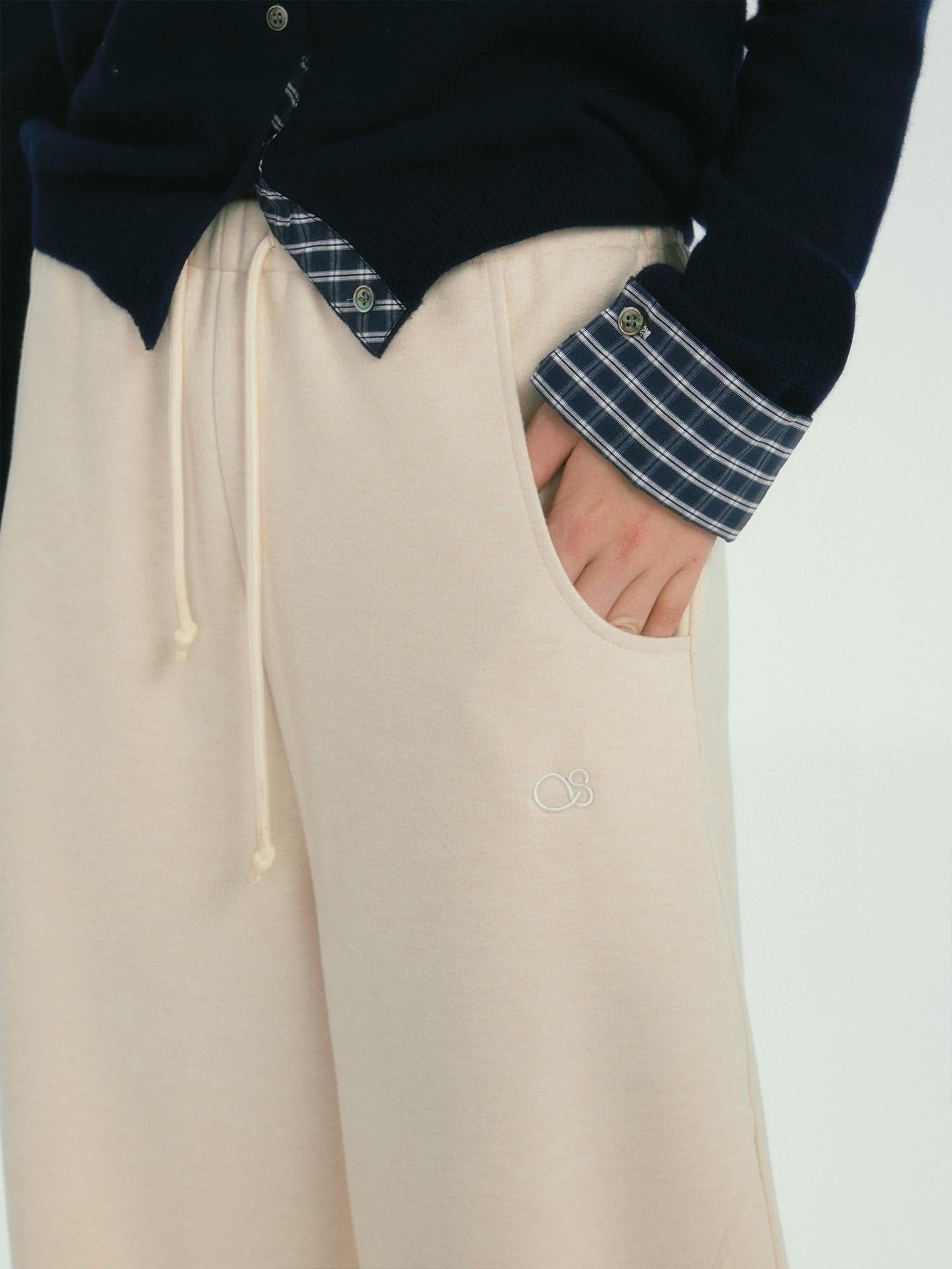 Beige Relaxed Wide-Leg Drawstring Pants