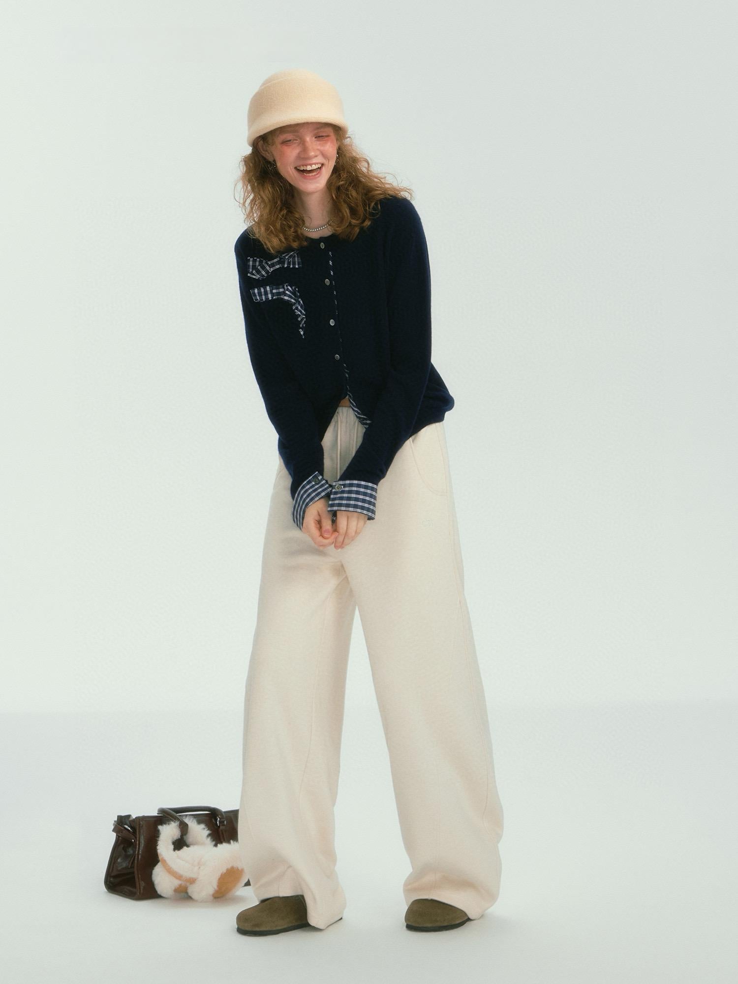 Beige Relaxed Wide-Leg Drawstring Pants