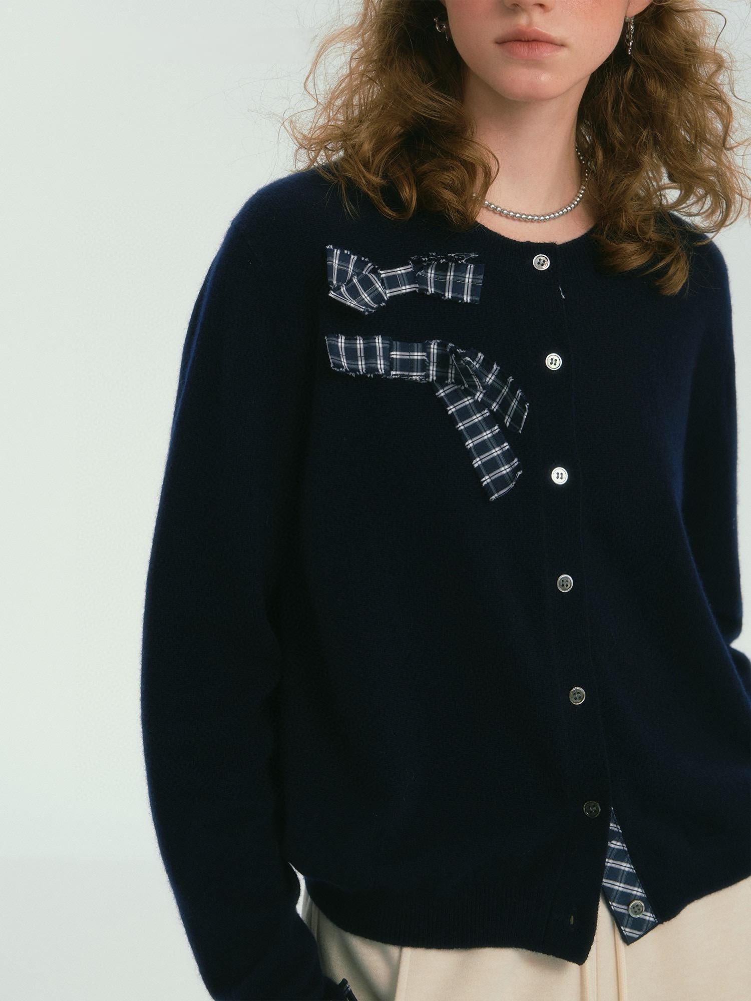 Navy Plaid Bow-Accent Wool Cardigan