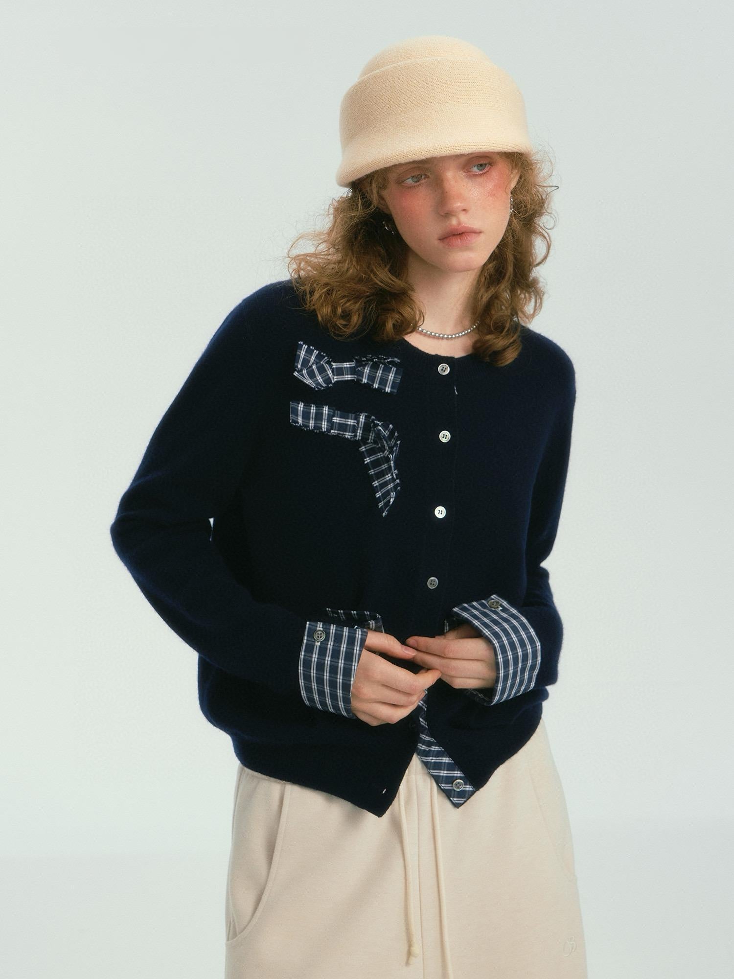 Navy Plaid Bow-Accent Wool Cardigan