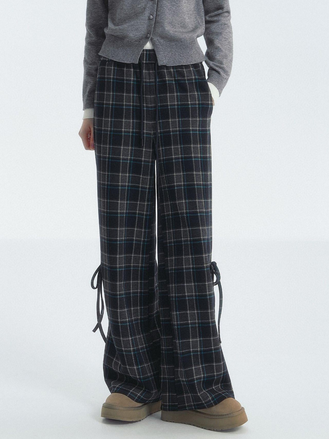 Plaid Wide-Leg Adjustable Pants