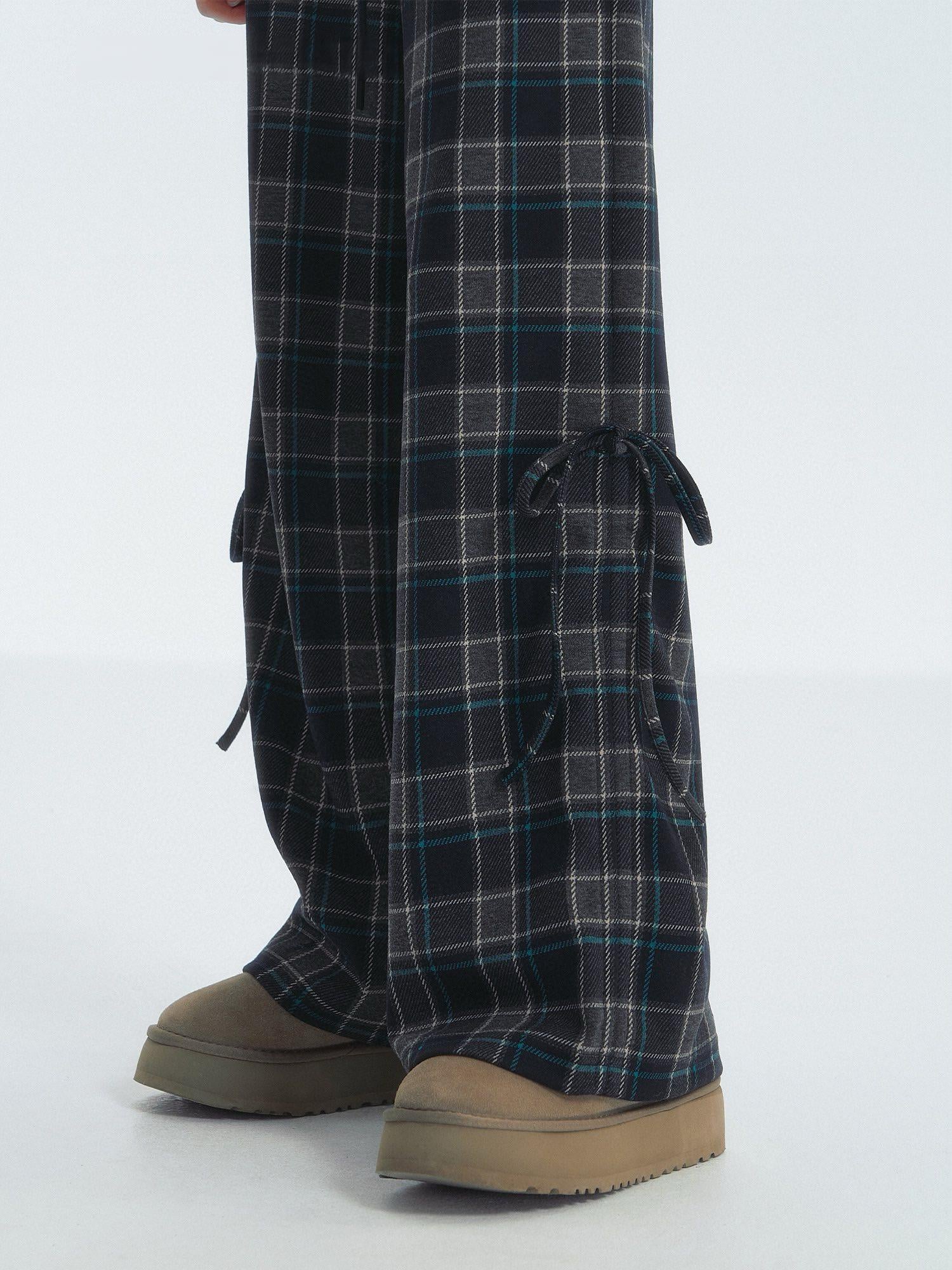 Plaid Wide-Leg Adjustable Pants