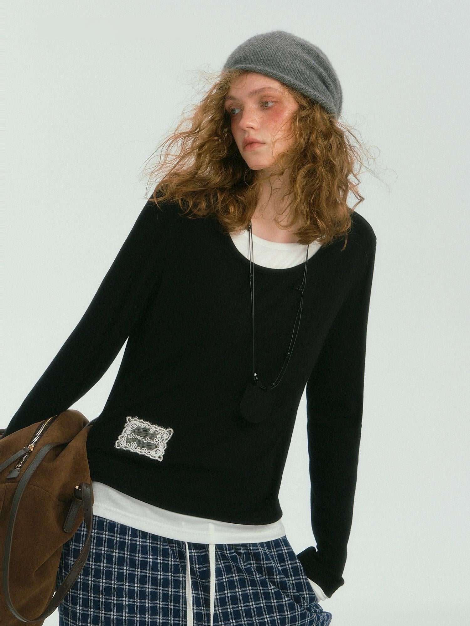Layered Contrast Long-Sleeve Lace Top