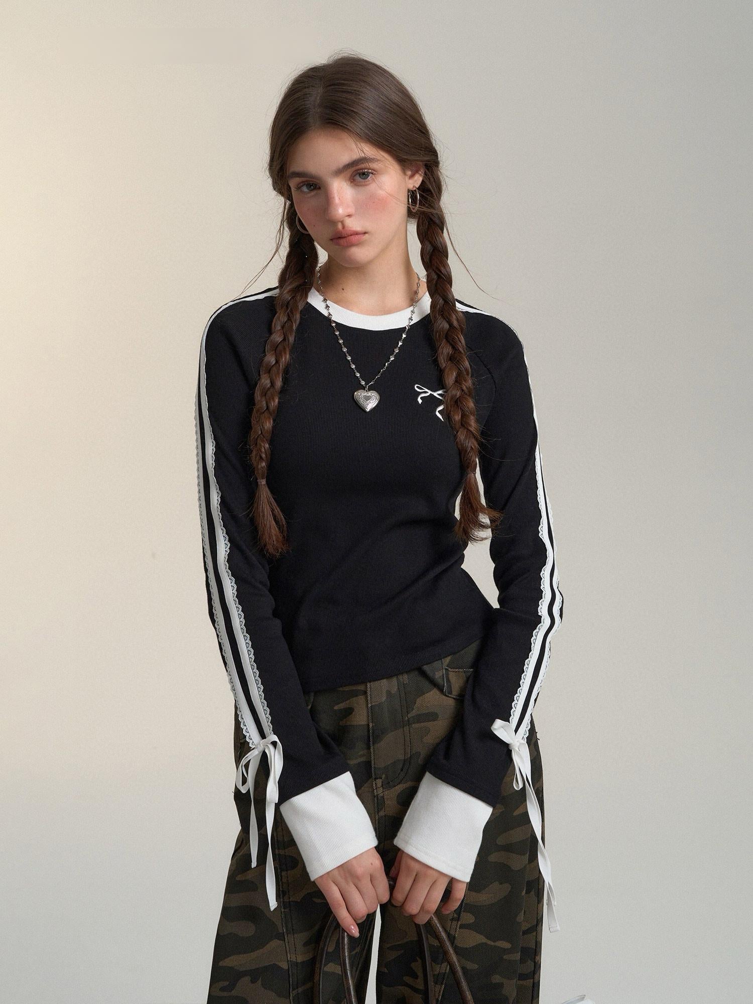 Lace Ribbon Sleeve Knit Top