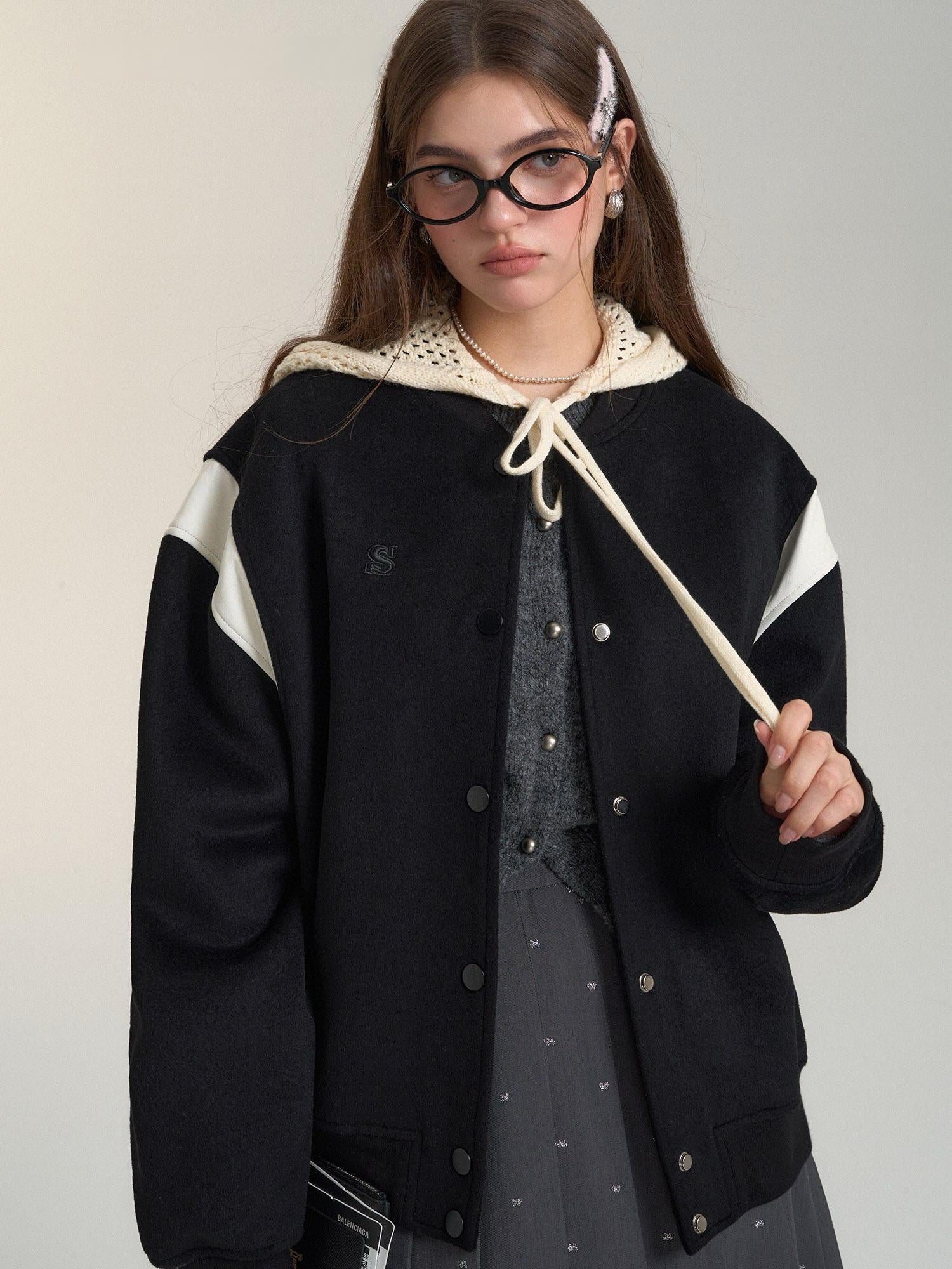 Two-Tone Leather Wool Blend Varsity Jacket