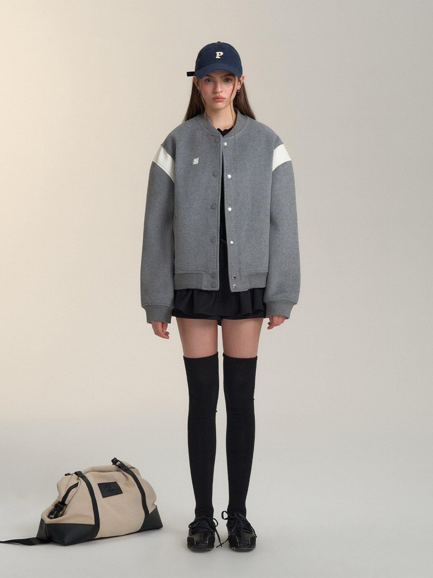 Two-Tone Leather Wool Blend Varsity Jacket