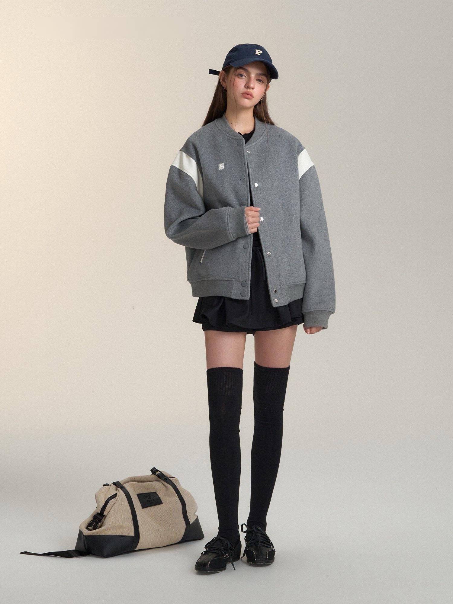 Two-Tone Leather Wool Blend Varsity Jacket