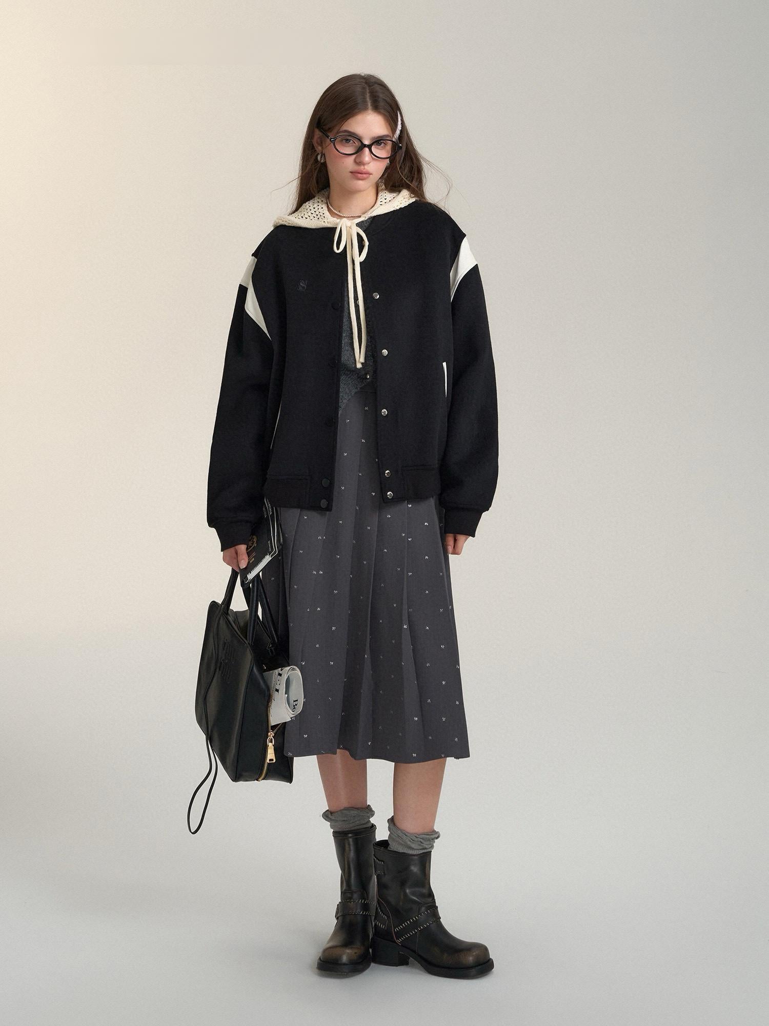 Two-Tone Leather Wool Blend Varsity Jacket