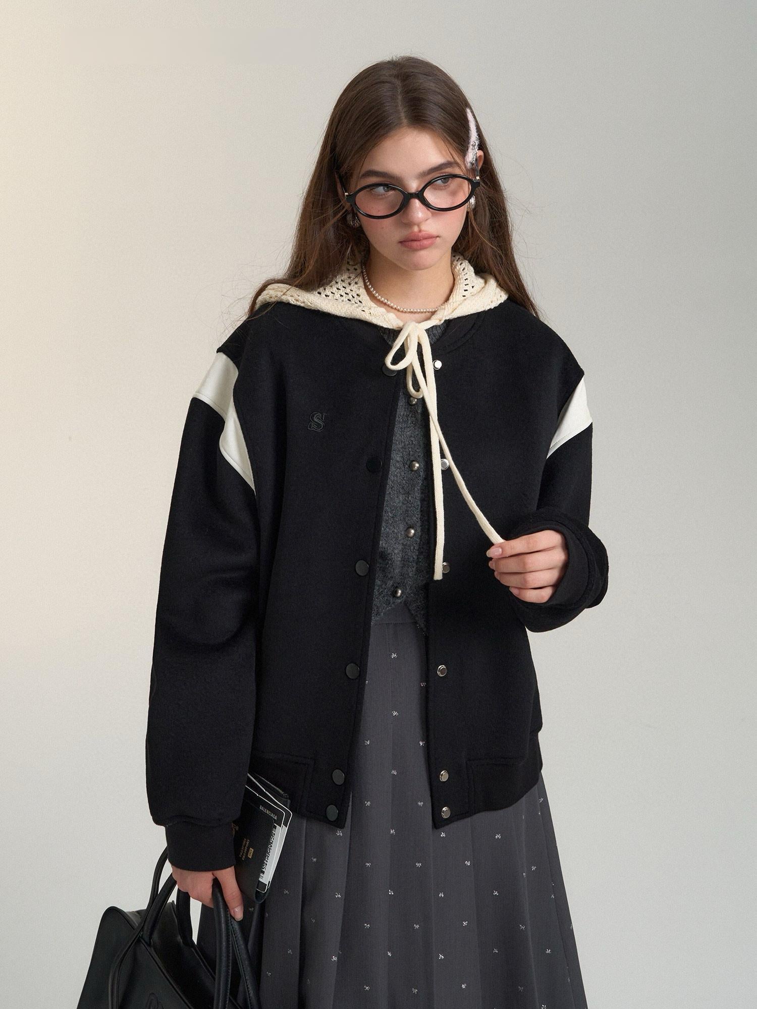 Two-Tone Leather Wool Blend Varsity Jacket