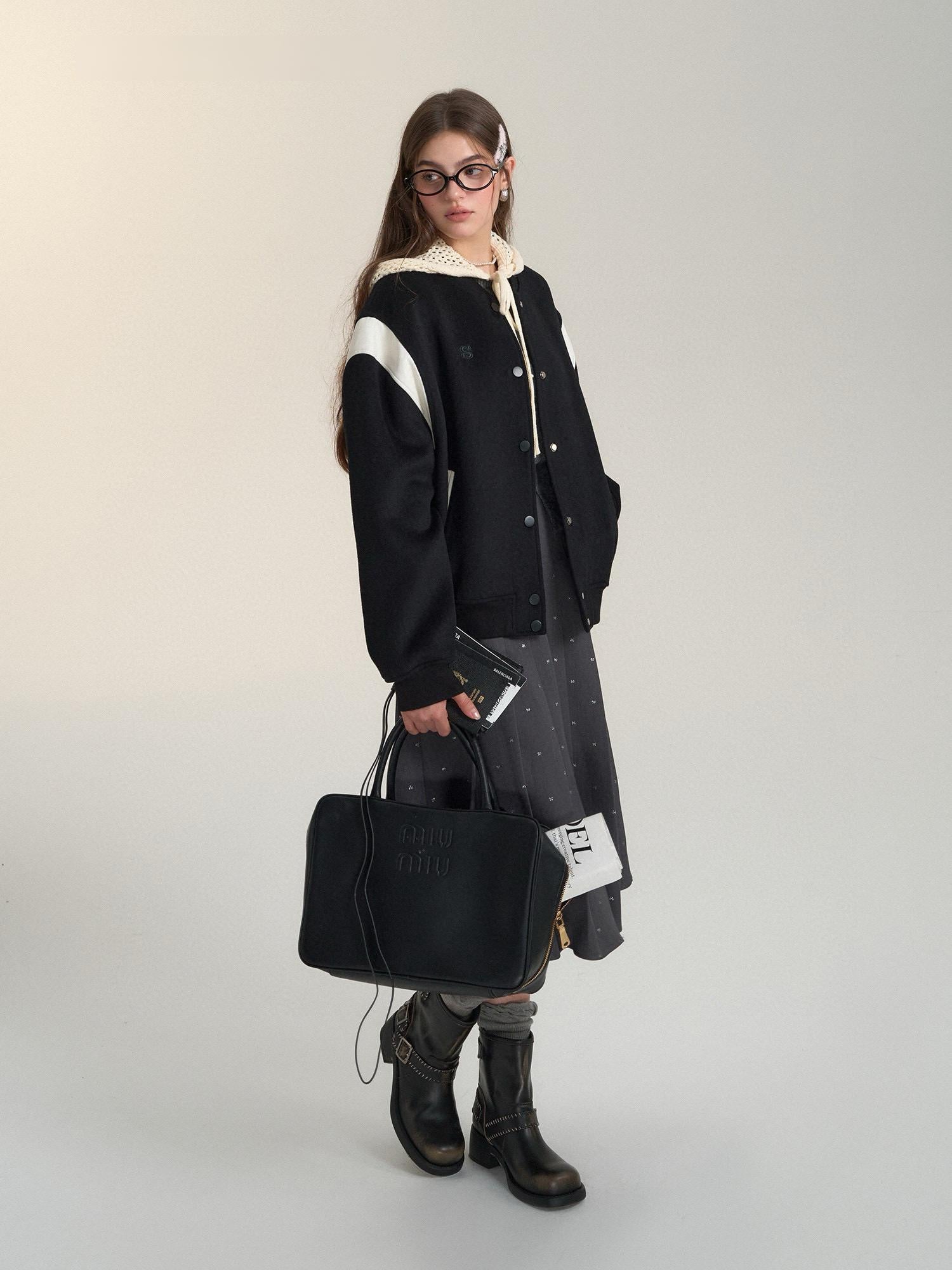 Two-Tone Leather Wool Blend Varsity Jacket
