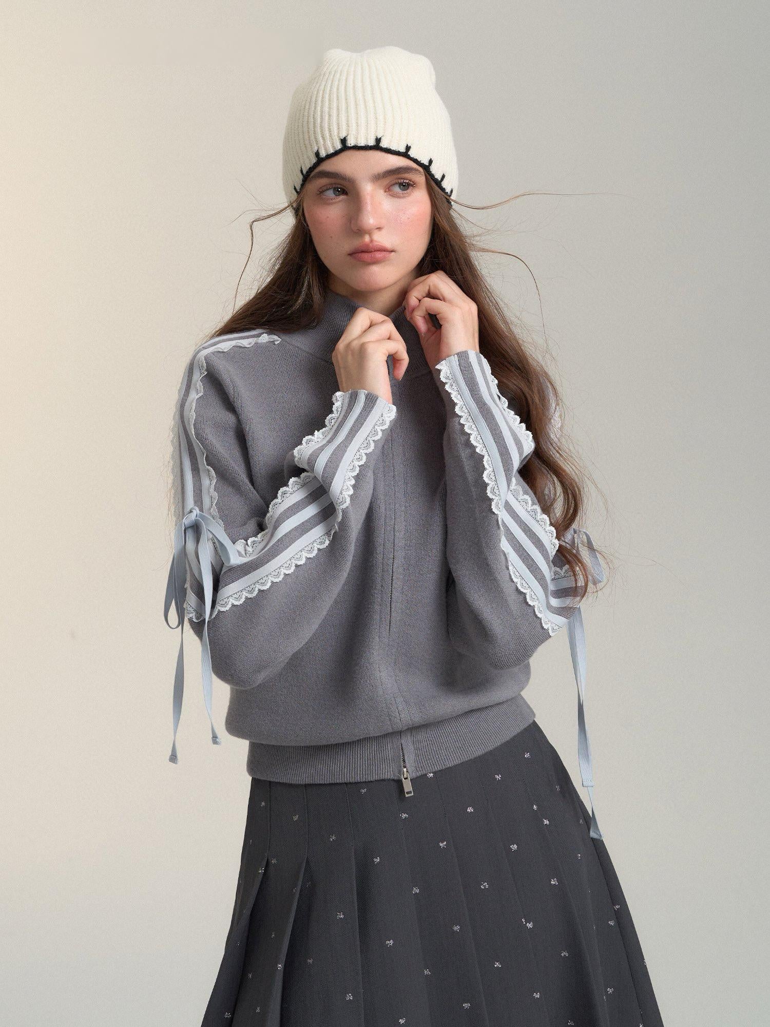 Lace Trim Zip-Up Sports Knit Cardigan