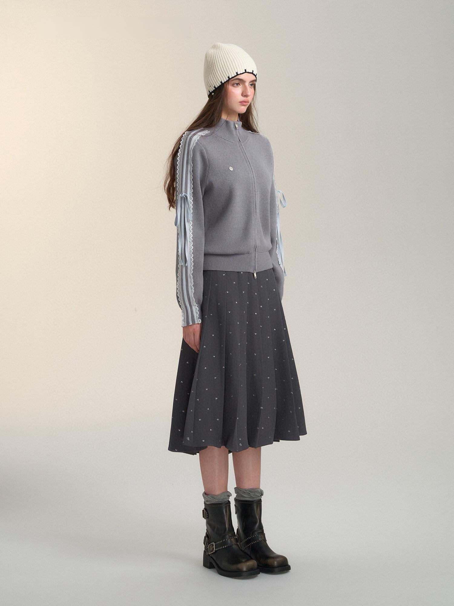 Lace Trim Zip-Up Sports Knit Cardigan