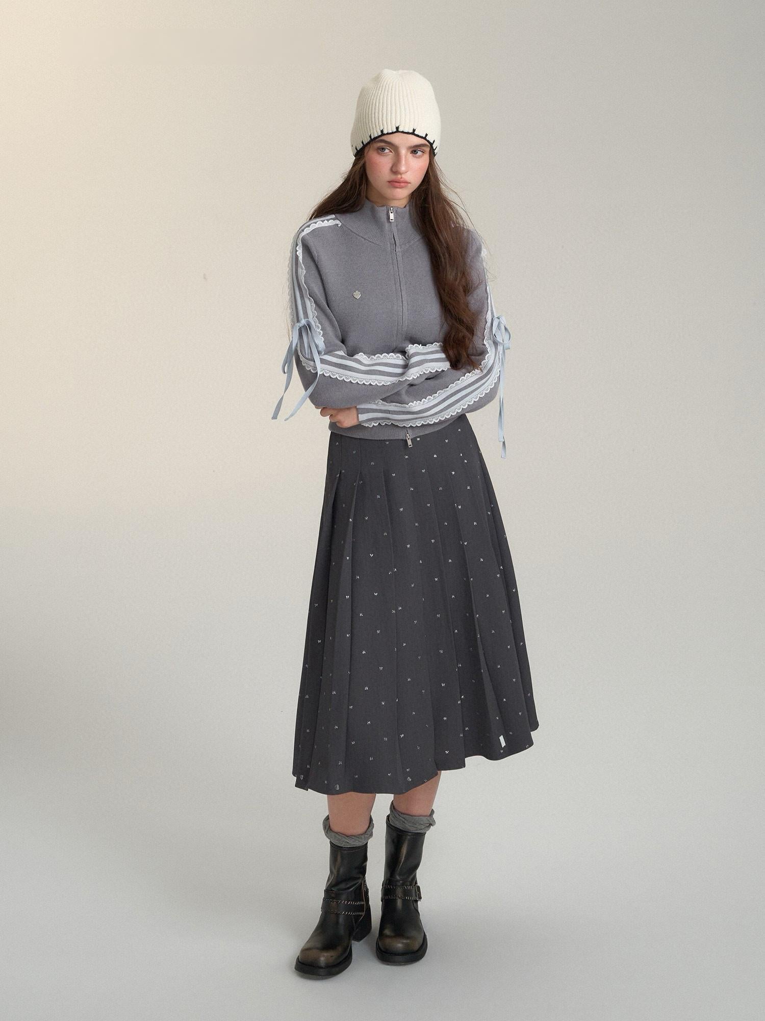 Lace Trim Zip-Up Sports Knit Cardigan