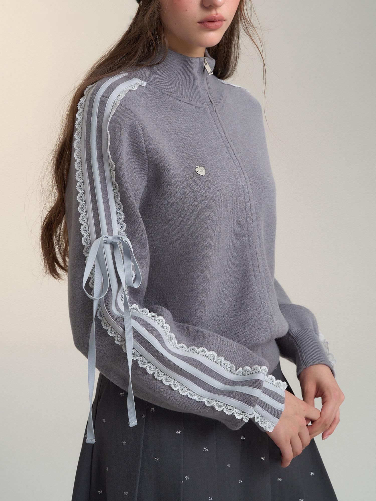 Lace Trim Zip-Up Sports Knit Cardigan