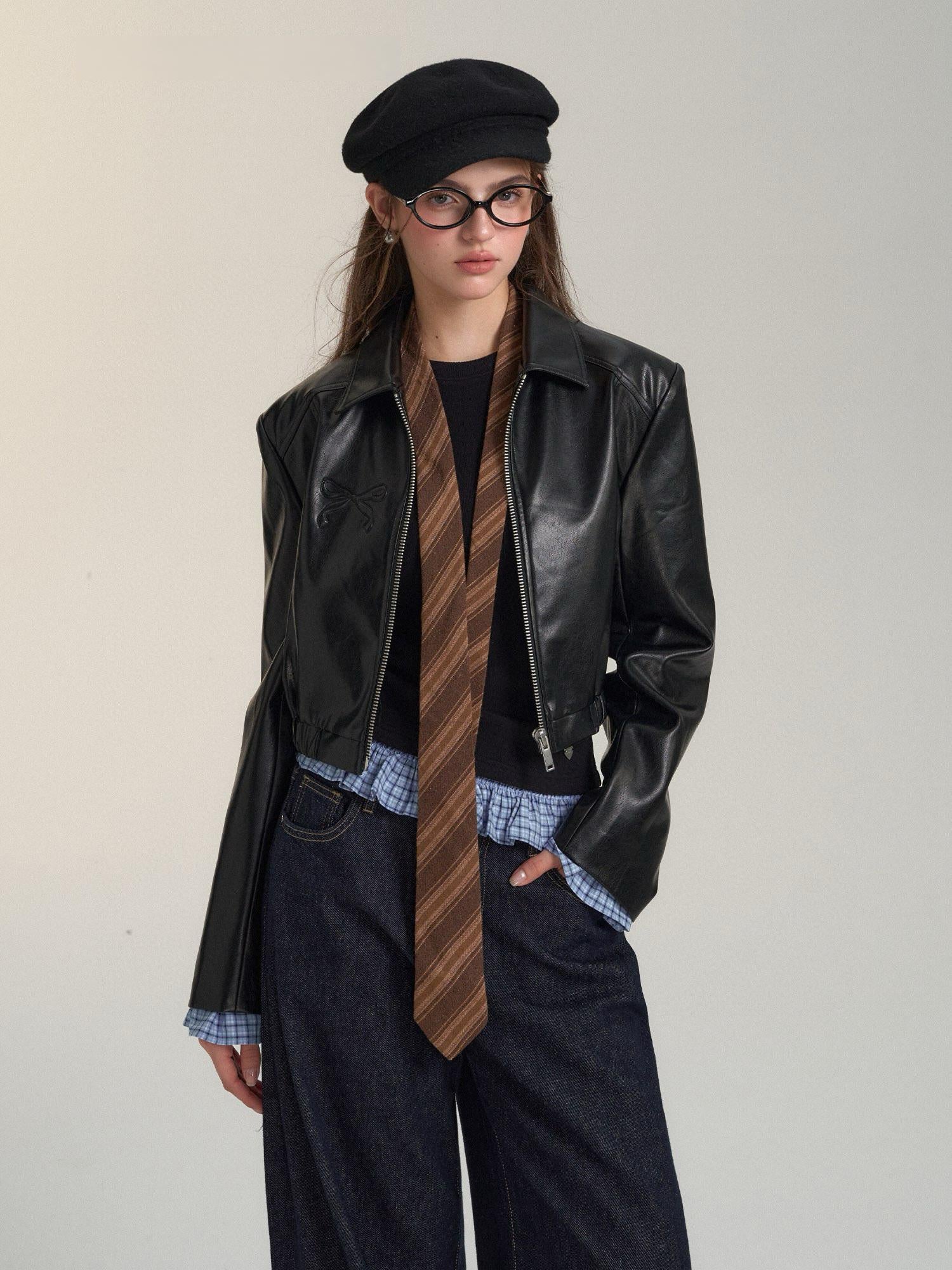 Black Cropped Faux Leather Jacket