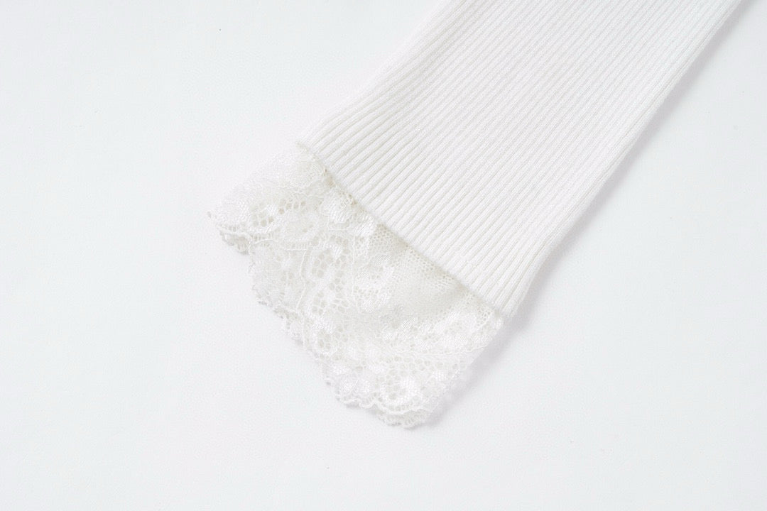 White Lace-Trim Thermal Knit Top