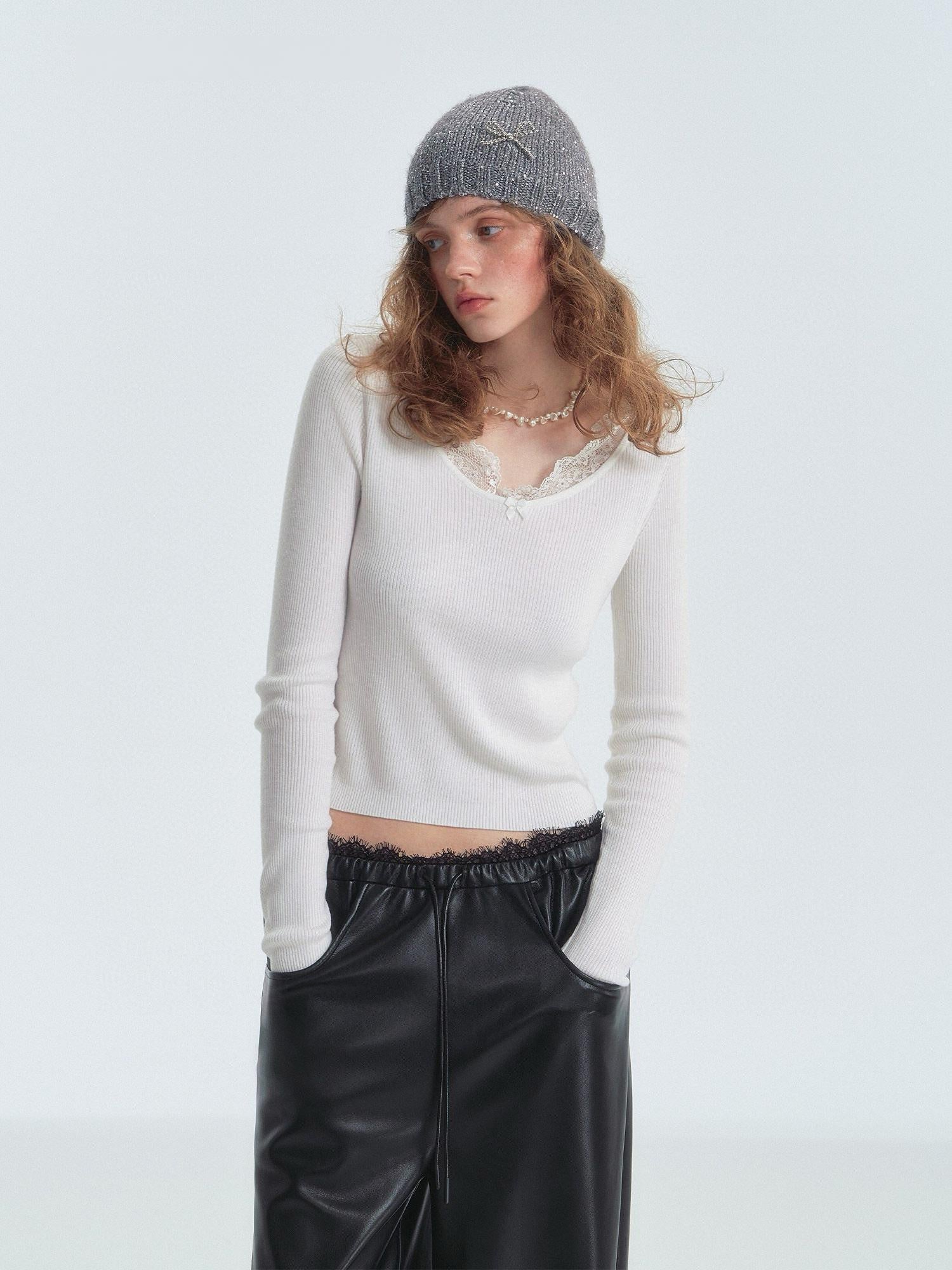 White Lace-Trim Thermal Knit Top