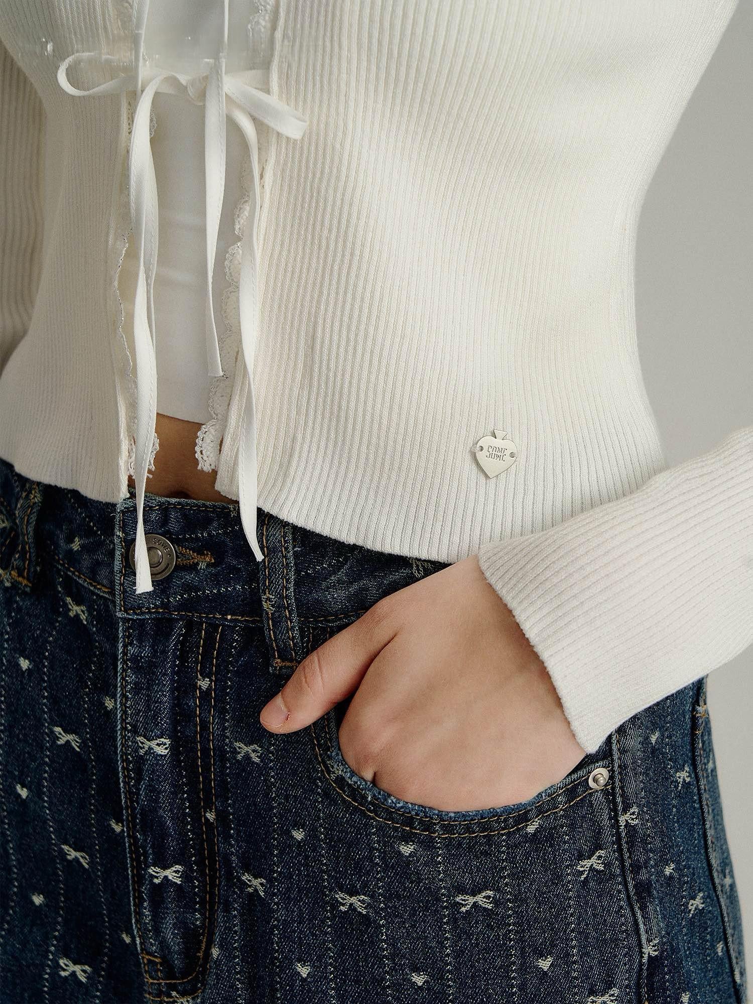 Bow Embroidered Wide-Leg Denim Pants