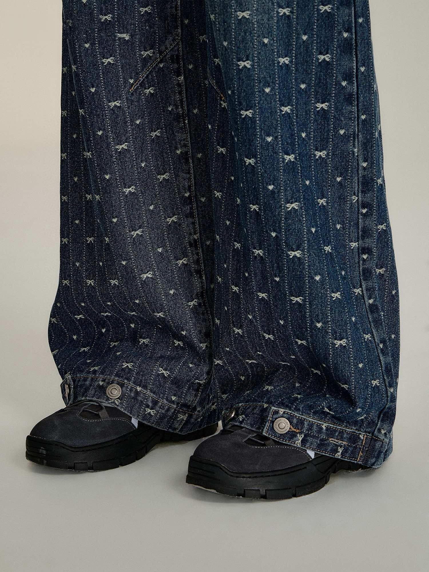 Bow Embroidered Wide-Leg Denim Pants