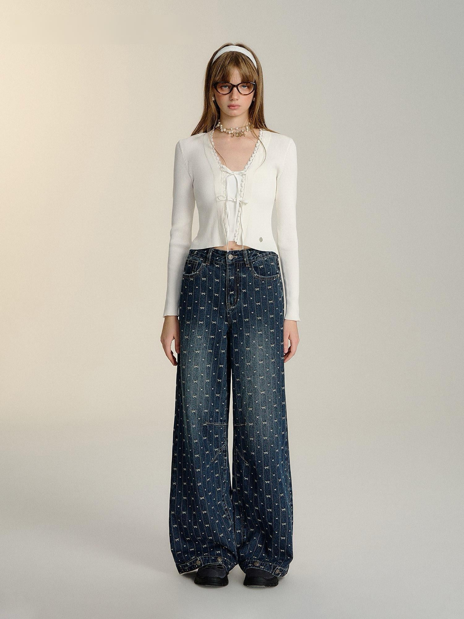 Bow Embroidered Wide-Leg Denim Pants
