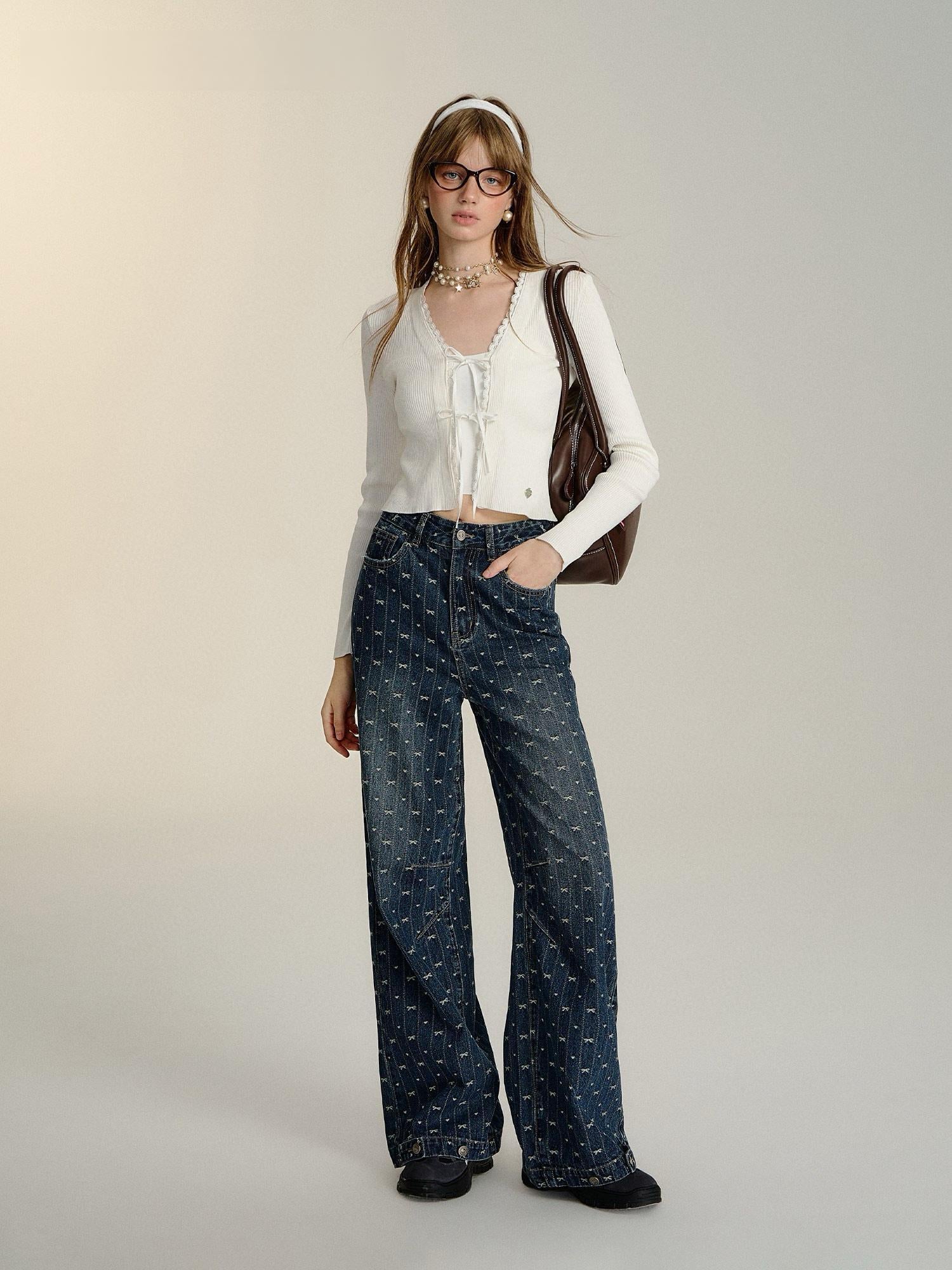 Bow Embroidered Wide-Leg Denim Pants