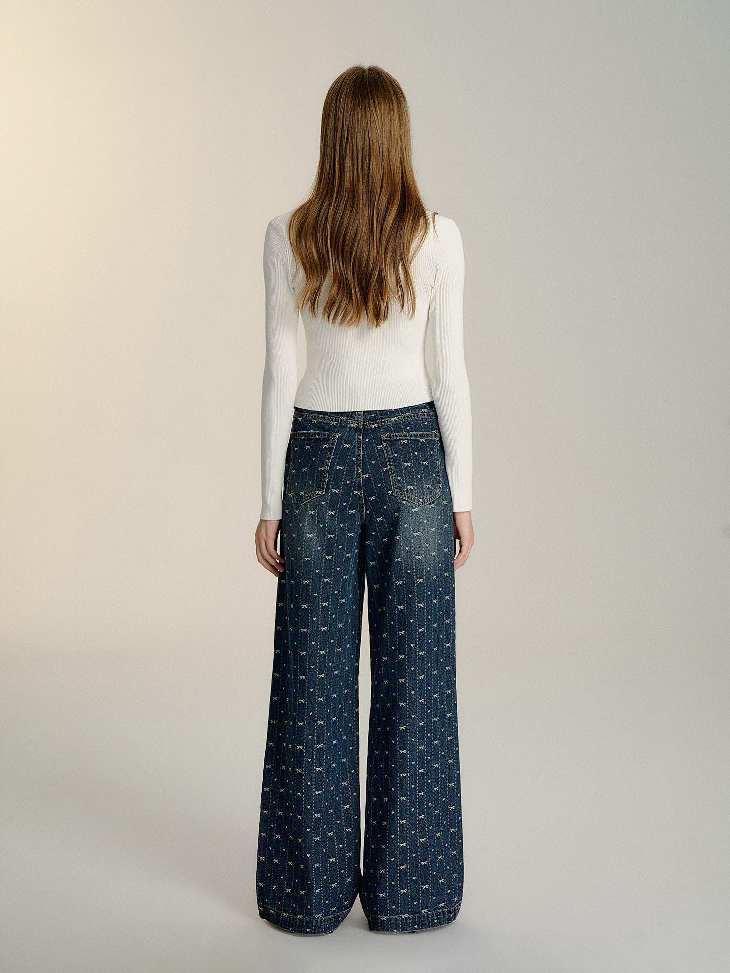 Bow Embroidered Wide-Leg Denim Pants