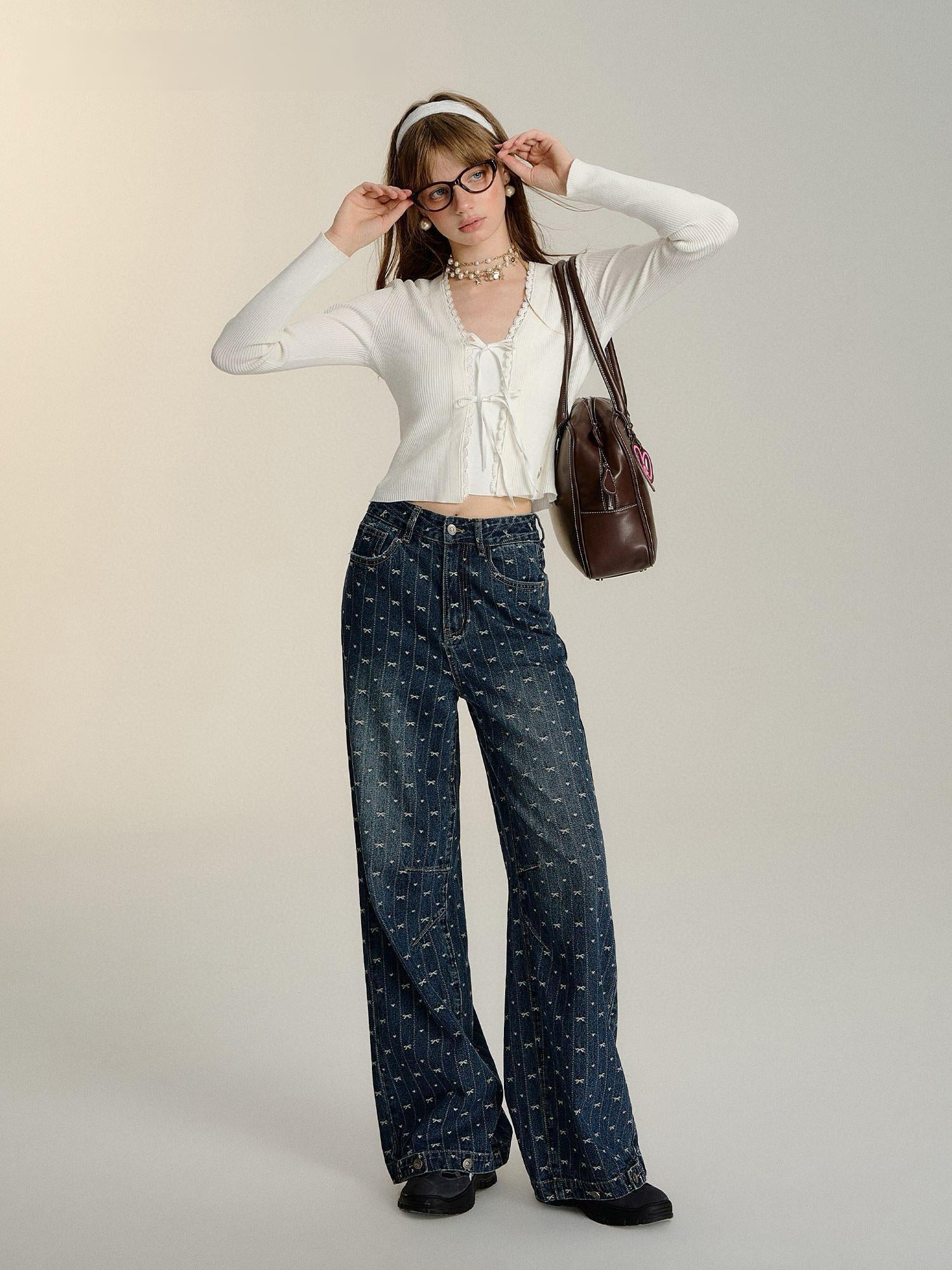 Bow Embroidered Wide-Leg Denim Pants