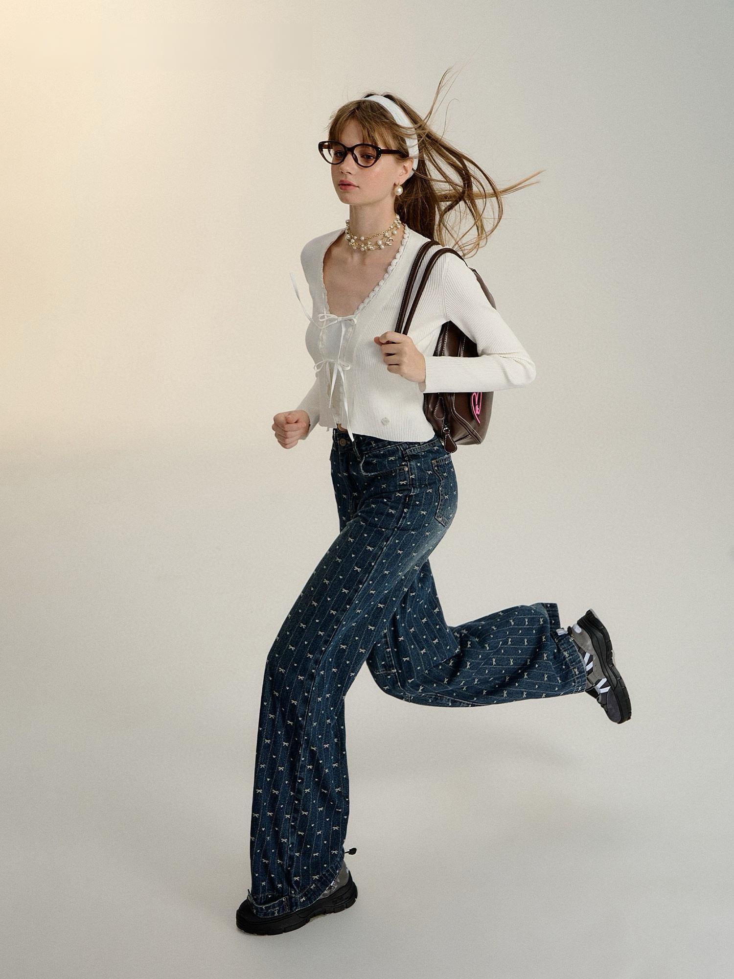 Bow Embroidered Wide-Leg Denim Pants