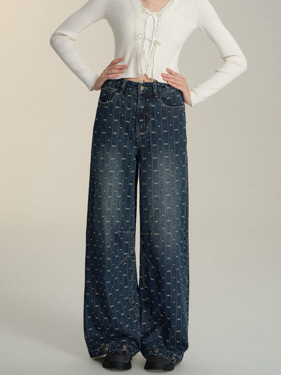 Bow Embroidered Wide-Leg Denim Pants