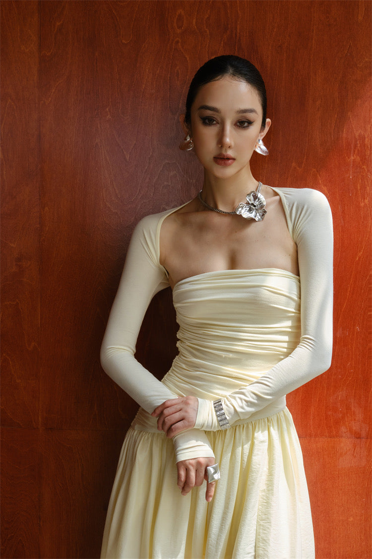 Creamy Ruched Side Slit Maxi Dress