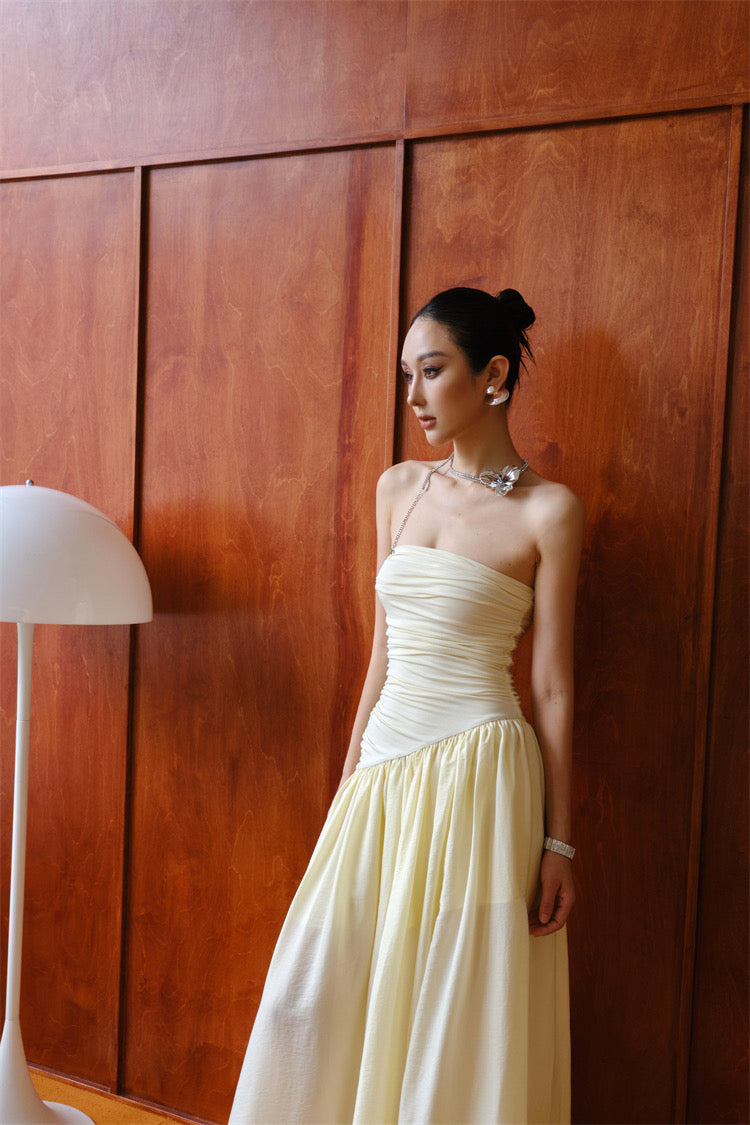 Creamy Ruched Side Slit Maxi Dress