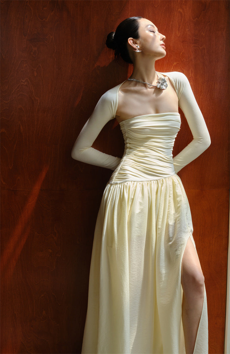 Creamy Ruched Side Slit Maxi Dress