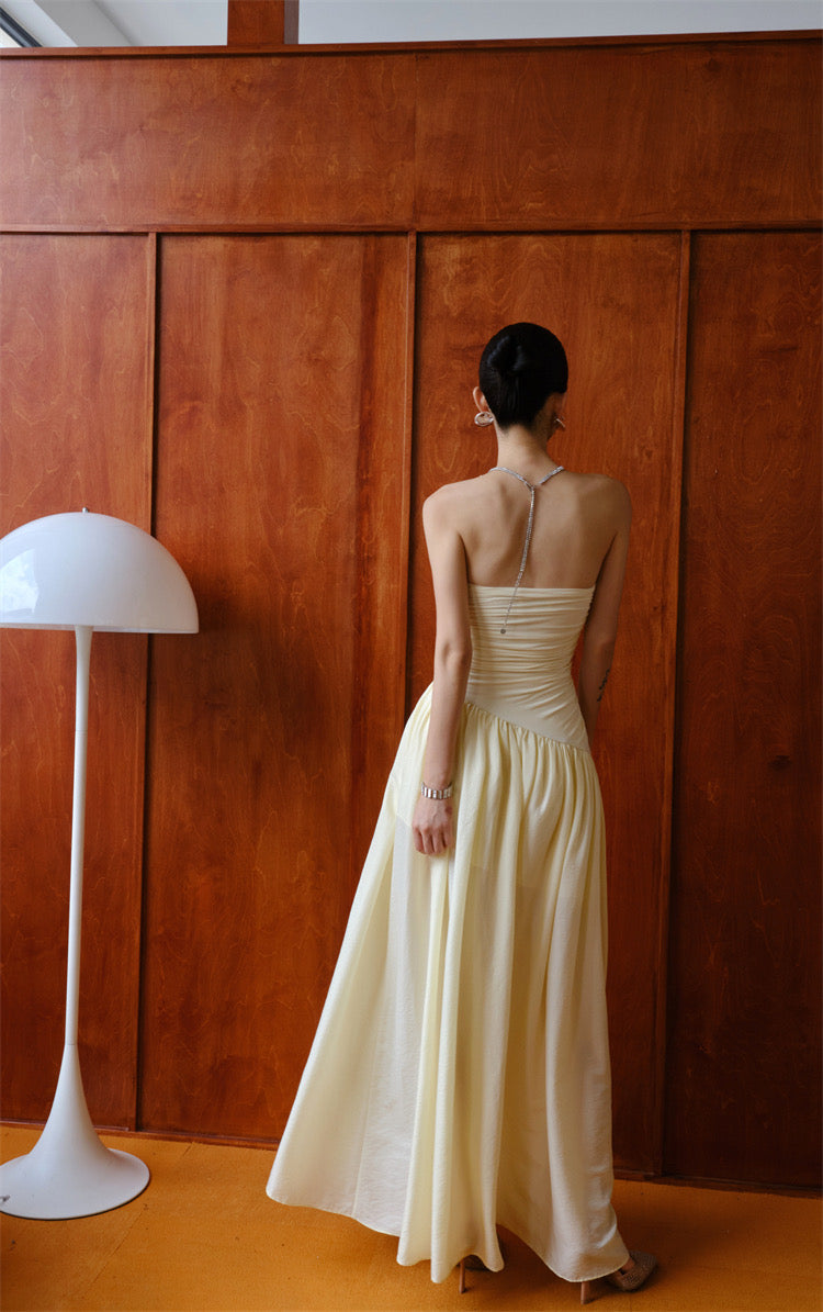 Creamy Ruched Side Slit Maxi Dress