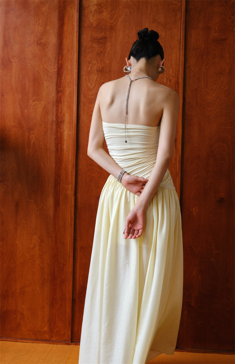 Creamy Ruched Side Slit Maxi Dress