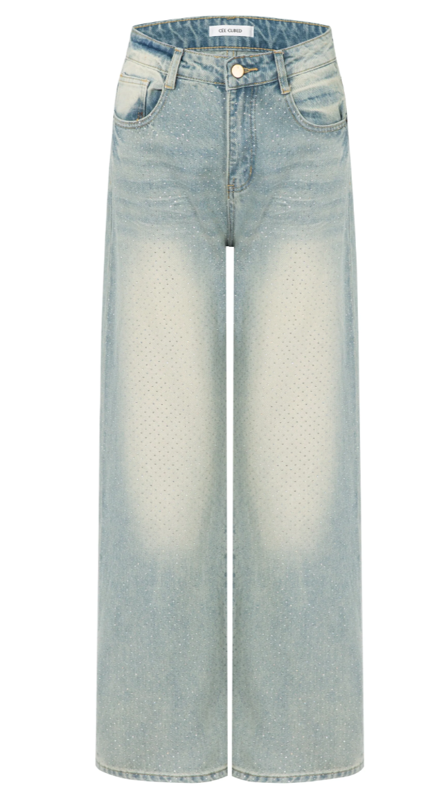 Rhinestone Wide-Leg Shiny Jeans