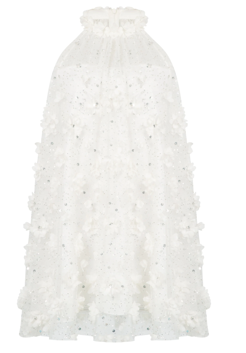 Crystal Embellished Floral Halter Sheer Dress