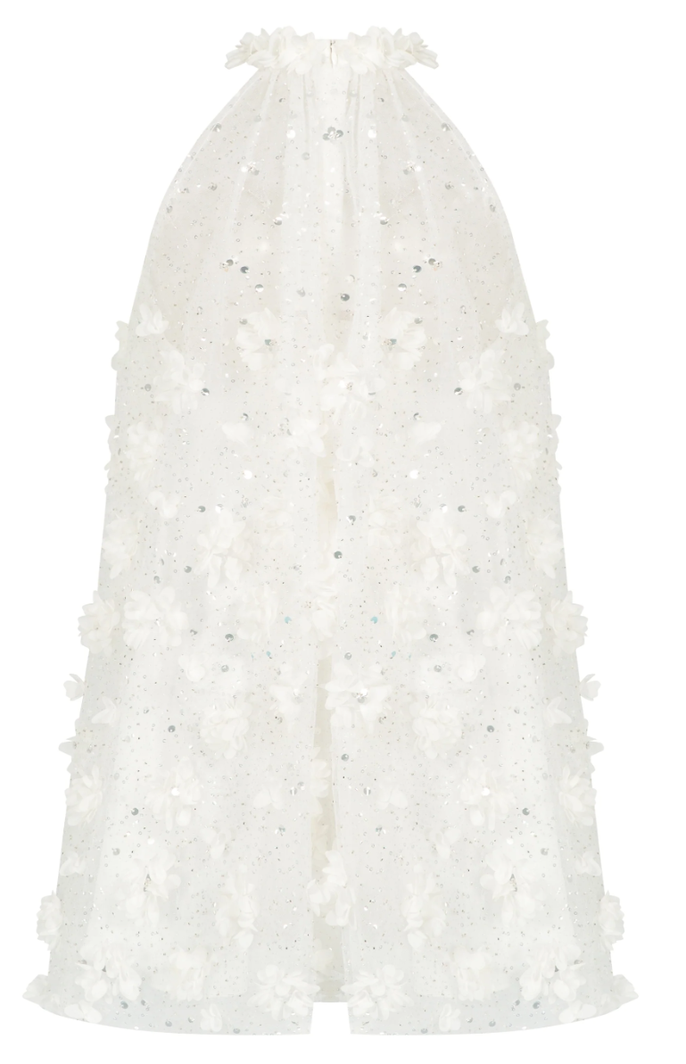 Crystal Embellished Floral Halter Sheer Dress