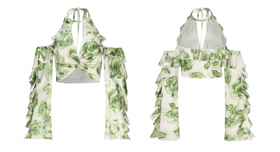 Green Floral Print Off-shoulder Ruffle Halter Crop Top