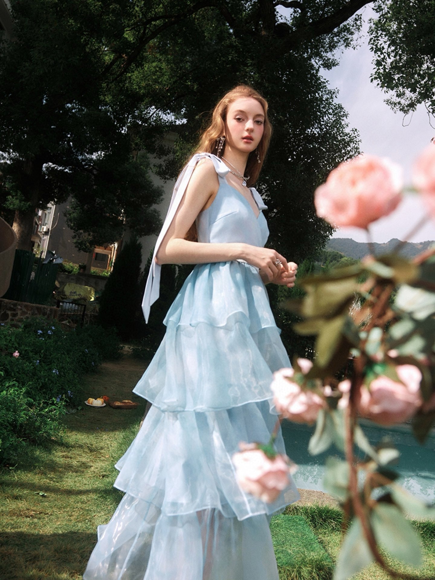 Dyed Organza Tiered and Layered Midi Dress In Blue
