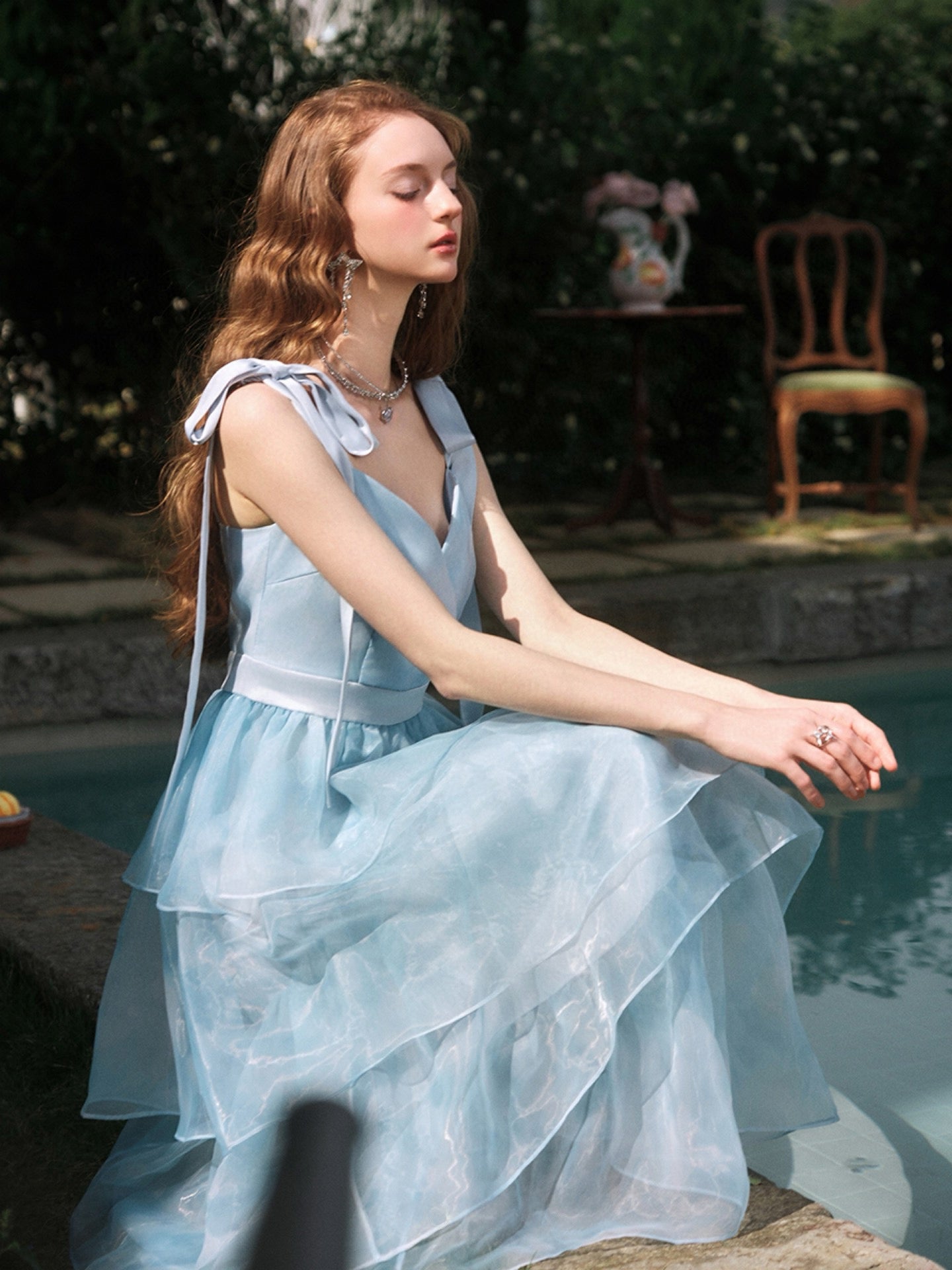Dyed Organza Tiered and Layered Midi Dress In Blue