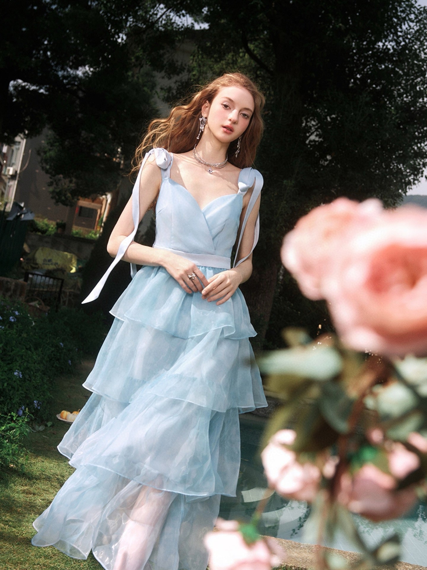 Dyed Organza Tiered and Layered Midi Dress In Blue