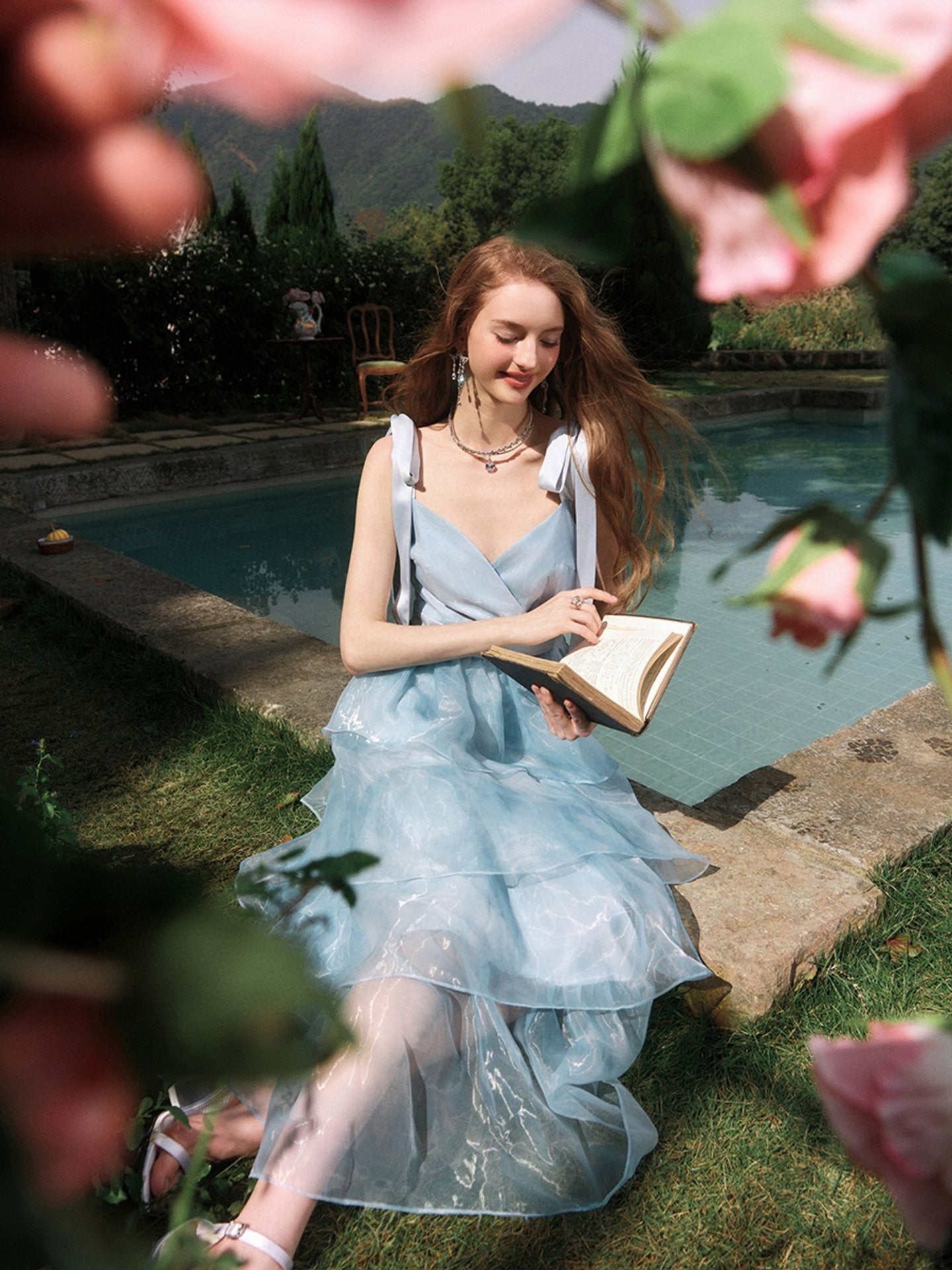 Dyed Organza Tiered and Layered Midi Dress In Blue