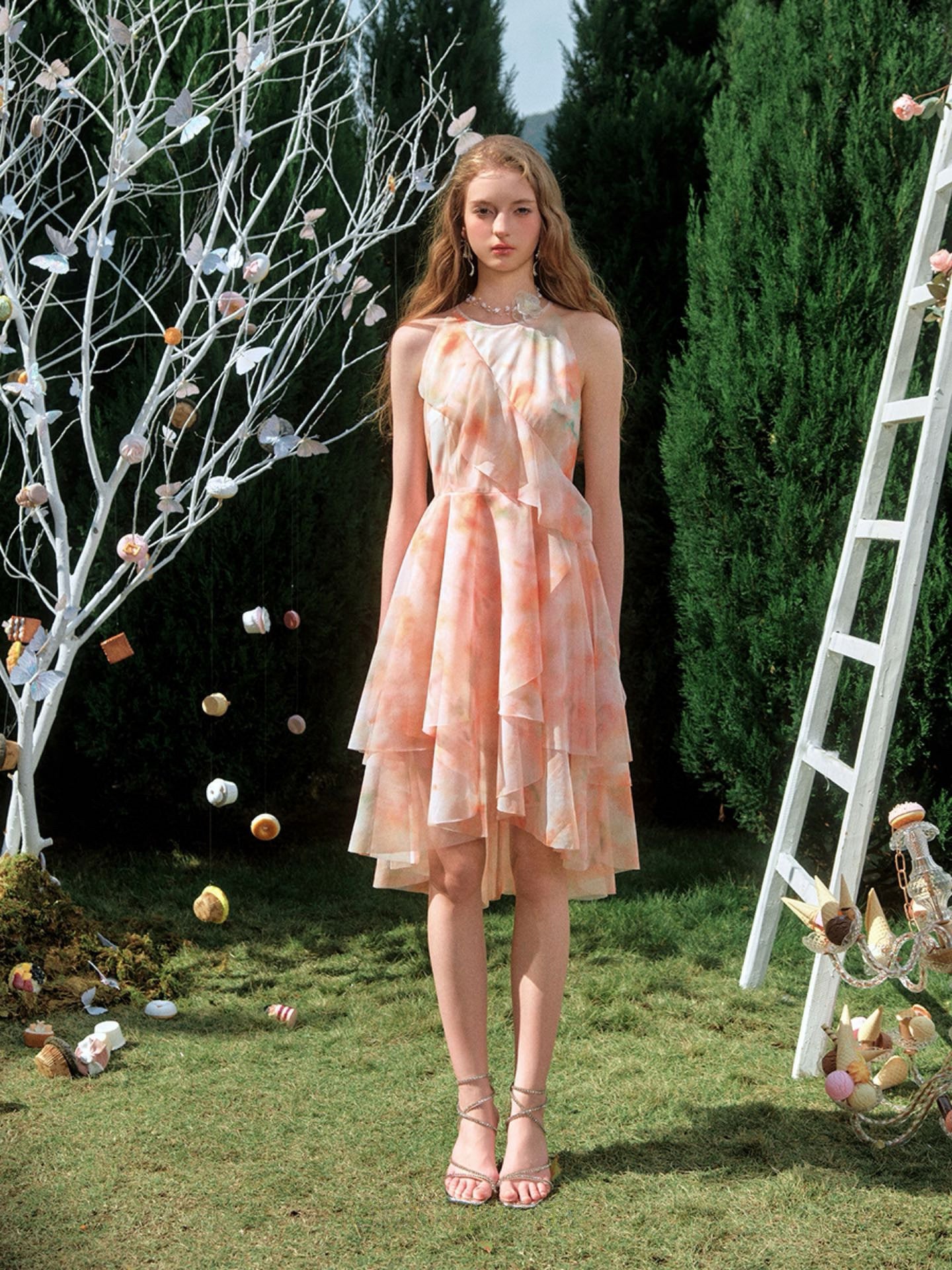 Floral Layered Ruffle Sleeveless Mini Dress